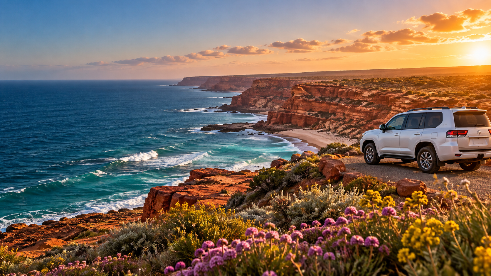 A scenic coastal drive through Western Australia's red cliffs and wildflowers